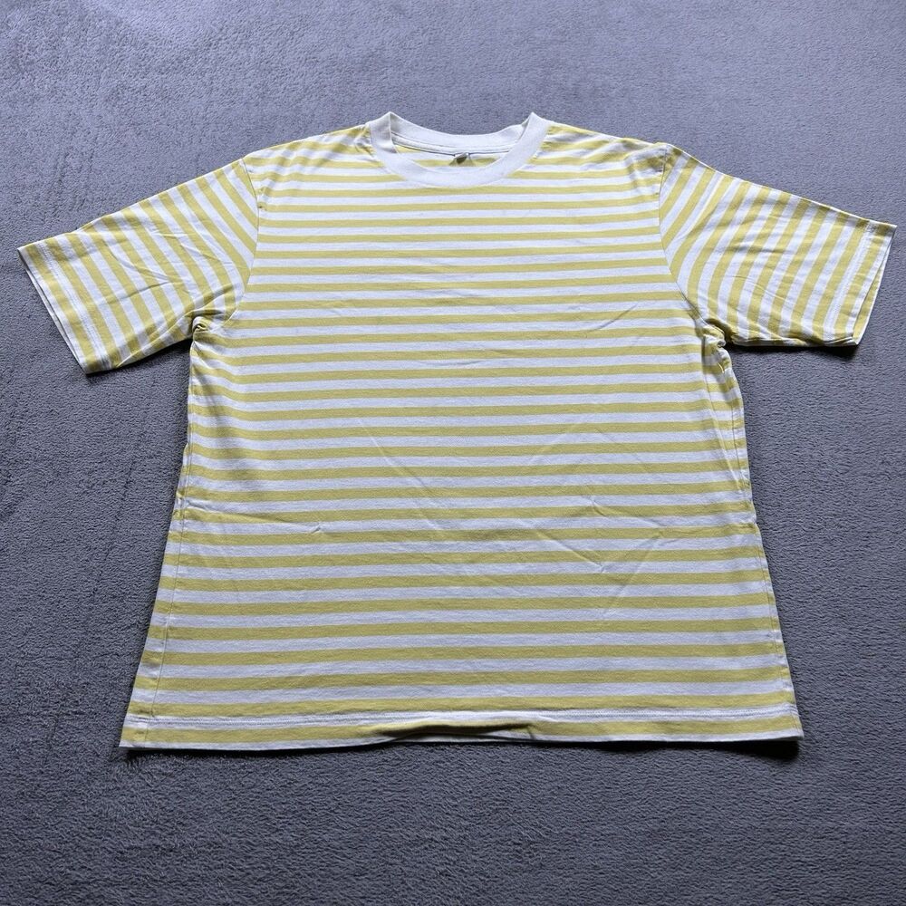 UNIQLO T-Shirt Mens L Yellow White Striped Short Sleeve 100% Cotton Minimalist
